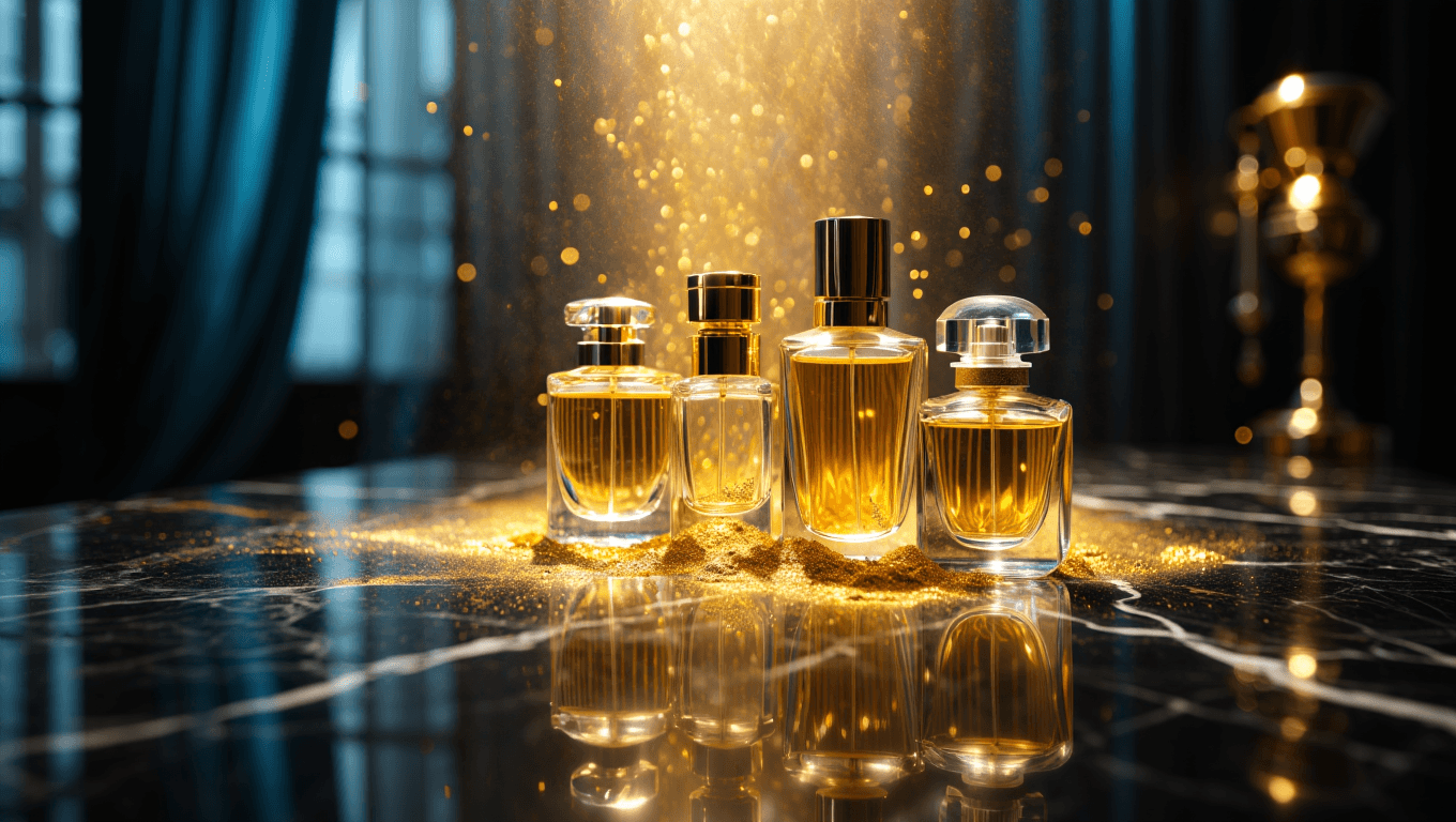 مجموعة عطور فاخرة بإضاءة ذهبية